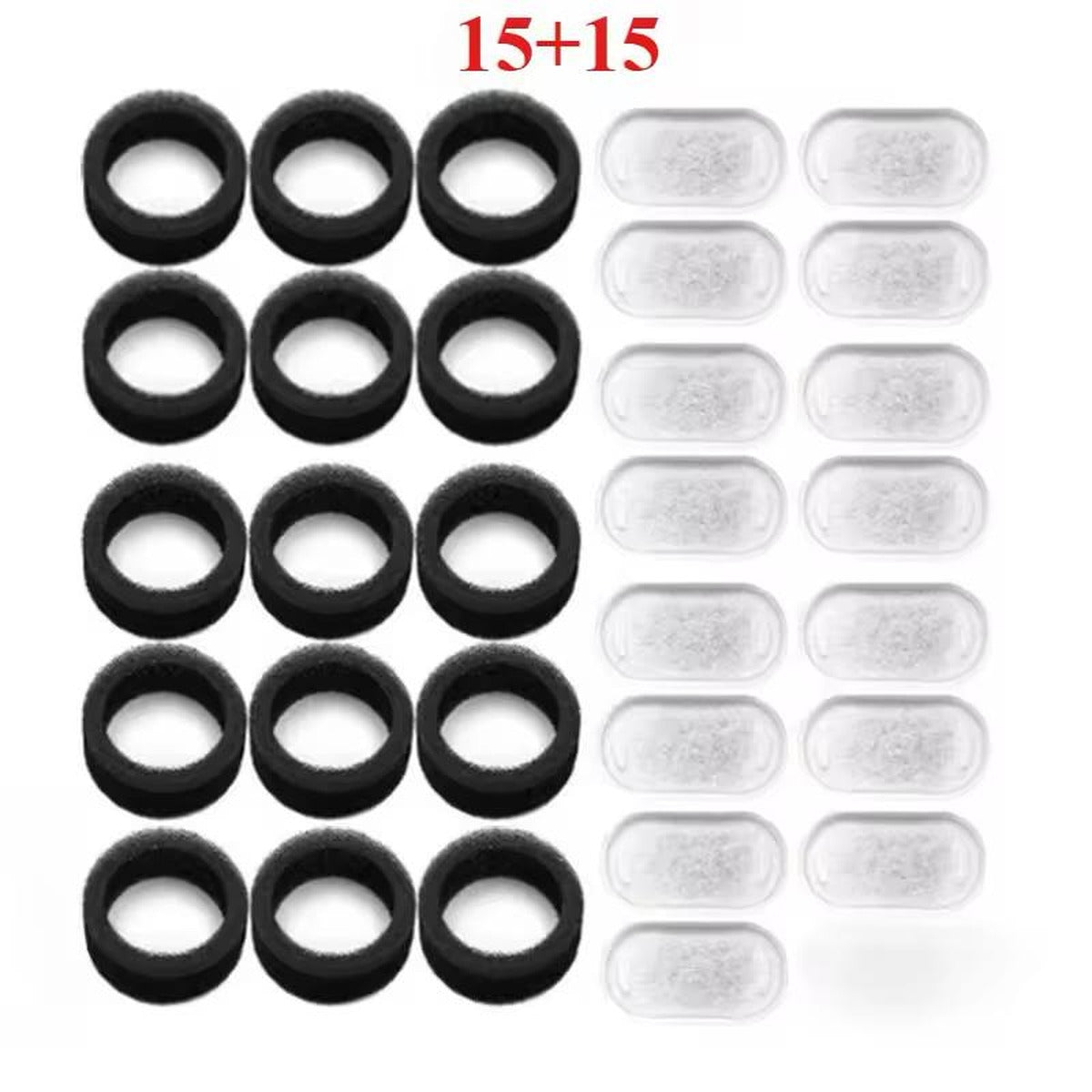 Noä Filtres charbon actif pour fontaine à eau — Pack 15 filtres charbon + 15 mousses