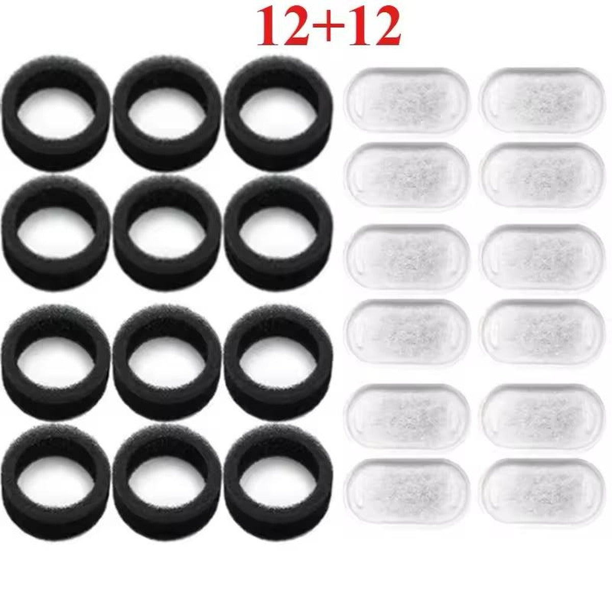 Noä Filtres charbon actif pour fontaine à eau — Pack 12 filtres charbon + 12 mousses