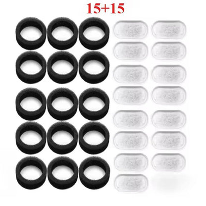 Noä Filtres charbon actif pour fontaine à eau — Pack 15 filtres charbon + 15 mousses
