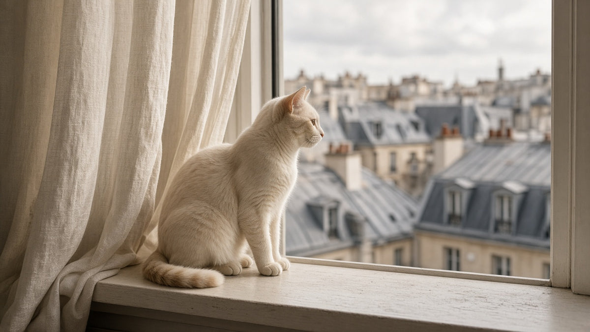 Chat à la fenêtre d'un appartement parisien