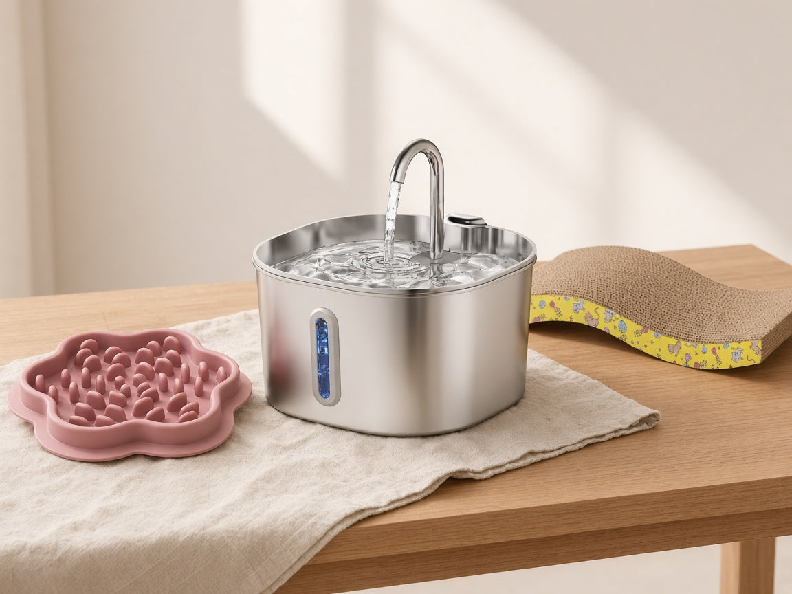 Fontaine Noä 2,2 L, gamelles anti-glouton et griffoir vague
